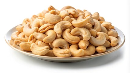 A plate of roasted cashew nuts on a white background a delicious and healthy snack