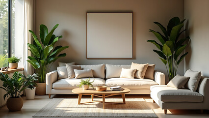 Modern Living Room with Minimalist Decor and Lush Greenery