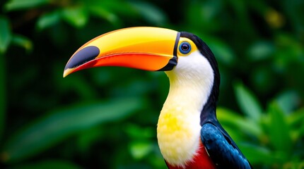 Fototapeta premium Vibrant Toucan in Profile Against Lush Green Background - High-Resolution Wildlife Stock Photo