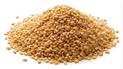 Fototapeta premium A large pile of unhulled sesame seeds on a white background, showcasing their light beige color and oval shape, perfect for culinary and nutritional uses