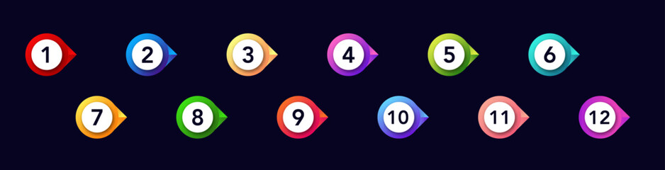 Bullet point icons with numbers, perfect for lists and presentations, come in various bright colors.