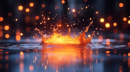 Obraz premium Liquid Light Symphony: A Captivating Water Drop Splash Illuminated by Warm Lights