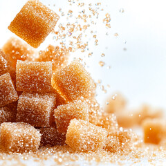Sweet Cubes: A close-up, artistic composition showcases the beauty of cascading brown sugar cubes, a symphony of texture and light creating a visual feast for the senses.