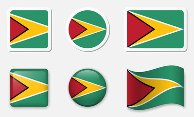 Flag of Guyana icons collection. Flat stickers and 3d glass vector elements on white background.