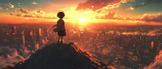 Obraz premium Silhouette watches sunrise over city from mountain.