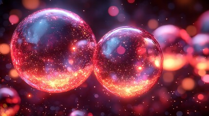 Two glowing spheres filled with sparkling particles are present
