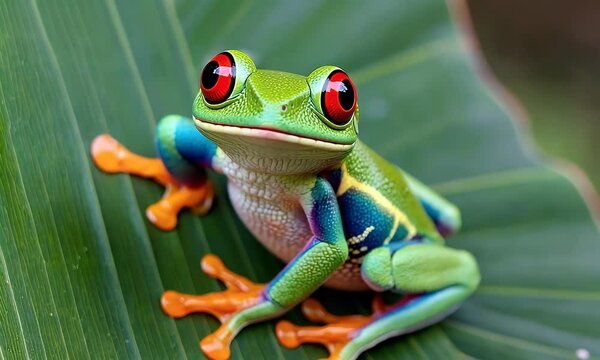 A stunningly detailed red-eyed tree frog rests on a vibrant green, textured leaf.