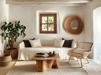 Stylish boho chic living room with beige sofa, armchair, and rustic wooden coffee table