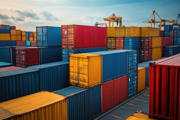 Fototapeta premium Stacked Shipping Containers in Port Logistics and Global Trade Image