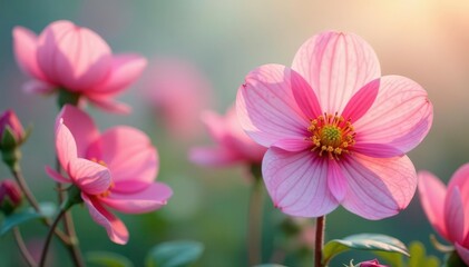 Continuous blooming flowers, soft focus, pastel hues, surface, delicate, texture