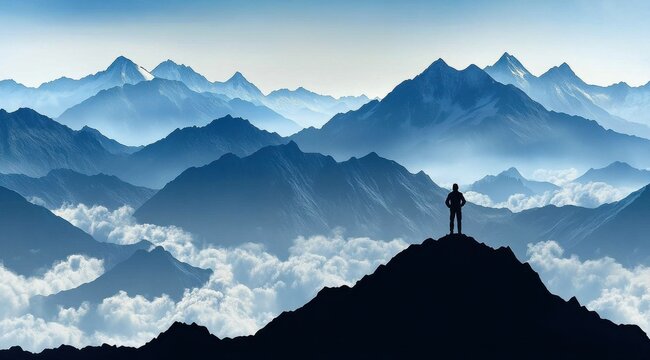 A person stands on a mountain peak, looking out over a vast, cloudy sky