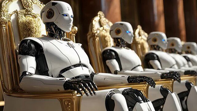 Robots Sitting on Golden Thrones in Regal Setting with Wooden Background