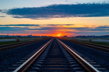 Fototapeta premium Railway Tracks At Sunset. Golden Hour Scenery Illuminates Railroad And Sky. Travel Background Image, Destination Perspective, Transportation Landscape. Inspiring Journeys Await.
