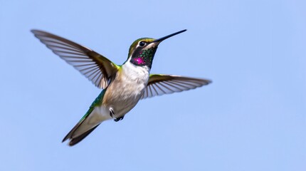 Fototapeta premium Vibrant Hummingbird Hovering Against Clear Blue Sky – High-Resolution Stock Photo