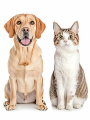 Happy dog and cat sitting together on white background