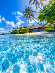 Obraz premium Idyllic tropical beach bungalow with crystal-clear turquoise water