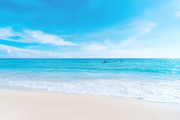 Obraz premium Idyllic tropical beach scene with turquoise water, white sand, and a few people swimming in the distance under a bright blue sky