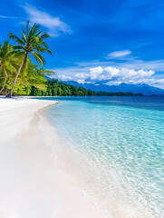 Fototapeta premium Idyllic tropical beach with white sand, turquoise water, palm trees, and mountains in the background
