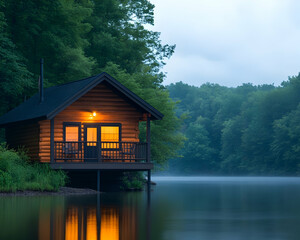Fototapeta premium Illuminated lakeside cabin at dusk, reflecting in calm water