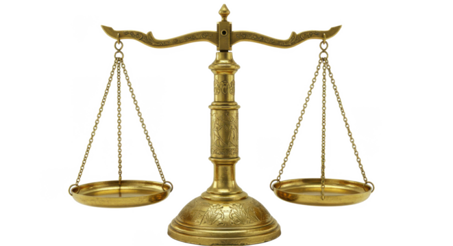A golden balance scale stands prominently against a dark background symbolizing justice and equilibrium in law