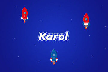 Karol male boy name illustration in blue with rockets.