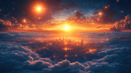 Fototapeta premium Celestial Cityscape: A breathtaking view of a futuristic metropolis nestled amongst clouds, bathed in the warm glow of a vibrant sunset and surrounded by a starry night sky.