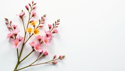 Delicate, minimalist floral sprigs on white background, elegant, pattern