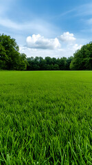 Fototapeta premium Lush green field under a vibrant blue sky with fluffy clouds and distant trees