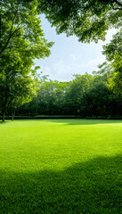 Fototapeta premium Lush green park with vibrant grass, dappled sunlight, and verdant trees under a bright sky