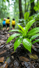 Lush green plant in foreground, hikers blurred in background on a jungle trail