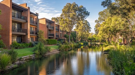 Obraz premium Brick apartment homes overlooking a calm river surrounded by lush trees and greenery creating a peaceful residential setting ideal for relaxation and community 