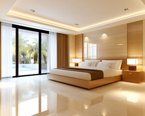 Luxurious bedroom with large bed, sliding glass doors, and polished floors