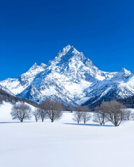 Fototapeta premium Majestic snow-capped peak rises above a serene winter valley