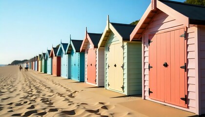 Close-up of multicoloured beach huts on the long sweeping beach of Llanbedrog, Llyn Peninsula, Gwynedd, North Wales, Wales, United Kingdom, Europe, beach hut in UK, created wiih generative ai