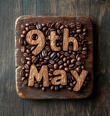 Coffee Beans and Wooden Letters Spelling 9th May on Wood Surface