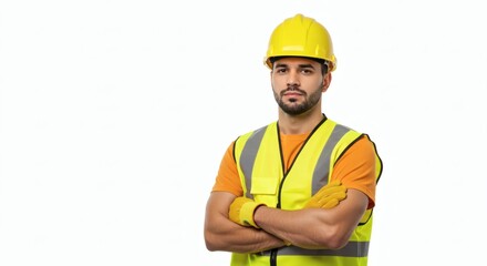 "A skilled construction worker wearing a bright yellow hard hat, safety vest, and work gloves, standing confidently with arms crossed against a white background. Sharp details with no blurred areas, r