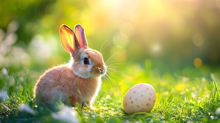 Cute baby rabbit curiously examines colorful Easter egg in a sunlit meadow during springtime