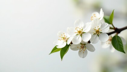 Delicate white blossoms on a branch, pure petals against stark white , floral, minimalist, aesthetic