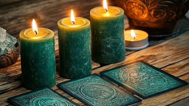 Mystical card reading session with candles and decorated cards at a dimly lit table