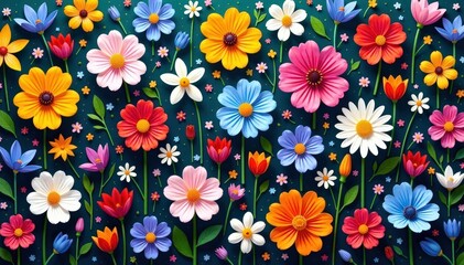 Delicate wildflowers in vibrant hues, densely packed repeating design , flower, meadow, spring