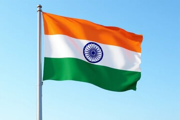 India's vibrant tricolor flag proudly flies high against a clear blue sky, a symbol of national pride and unity.