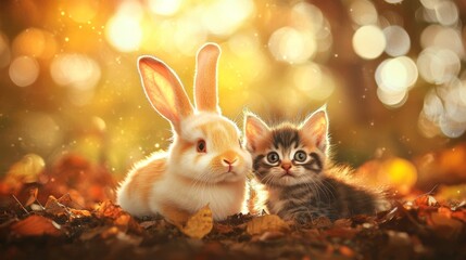 Delightful Bunny & Kitten Friends in Autumn Leaves Whimsical Fantasy Forest 