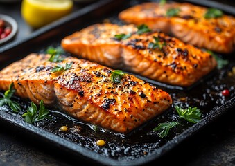 Delicious grilled salmon fillets seasoned and served on a baking tray