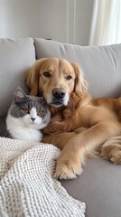 A golden retriever and cat cuddle peacefully on a sofa