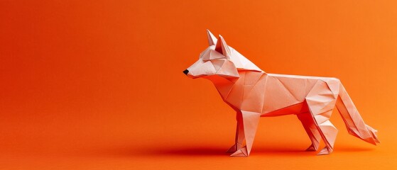 Geometric Paper Wolf Origami Art on Vivid Orange 
