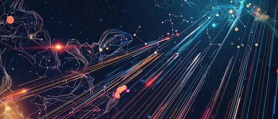 Fototapeta premium Abstract cosmic digital illustration with vibrant lines and starry background
