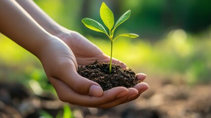 Hands holding seedling soil ecology concept 