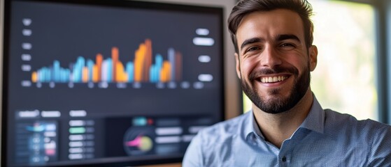 Smiling Businessman with Data Charts on Screen 