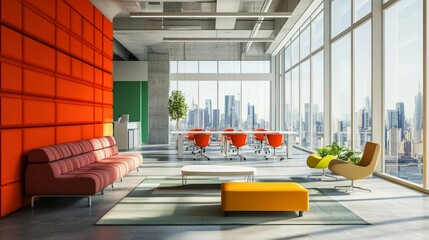 Modern Office Lobby: Bright Colors Urban View Startup Space 