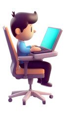 3D Illustration Of A Man Working On Laptop In Office On Transparent Background